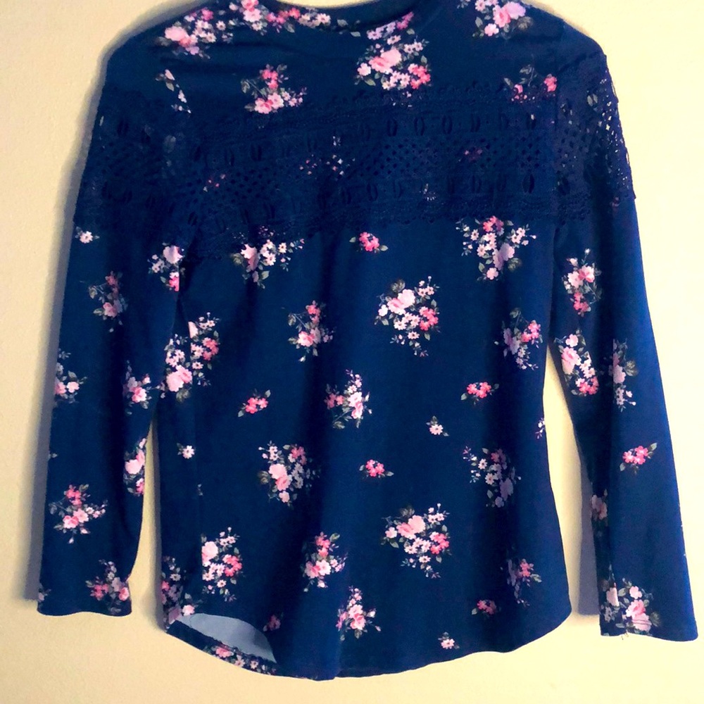 Girls Navy and Floral Long Sleeve Shirt